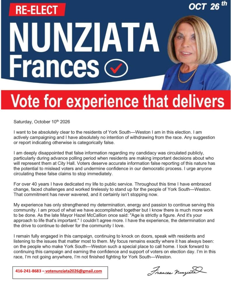 ‘Not going anywhere’: Frances Nunziata clarifies reports she’s dropping out of municipal election race